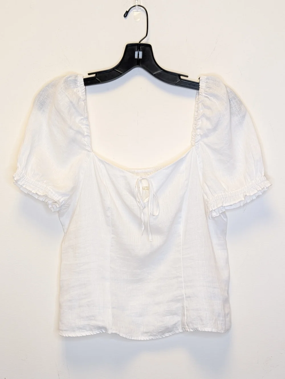 H&M 100% Linen Puff Sleeve Tie Front Top White Cottagecore Clean Girl Boho M - Picture 2 of 16